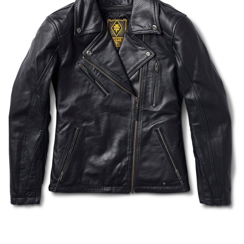 Roland Sands Seventy4 Black Leather Moto Jacket with Quilted Shoulders.